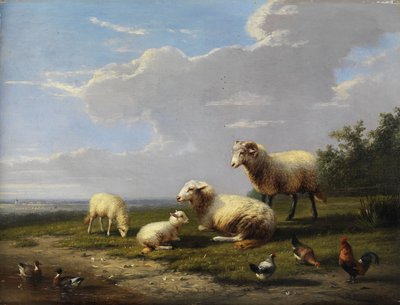 Weite Frühlingslandschaft mit Schafen, Hühnern und Enten von Franz van Severdonck